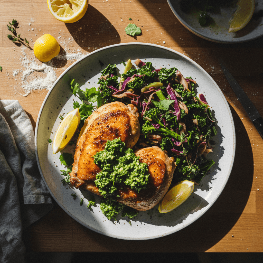 Pan-Seared Chicken with Braised Cabbage, Greens, and Salsa Verde