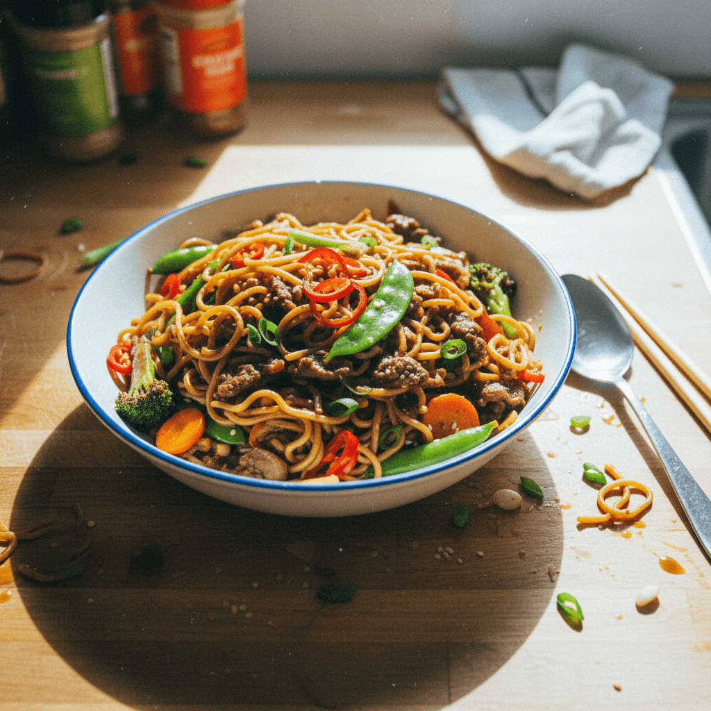 Garlic Ginger Beef Lo Mein with Veggies
