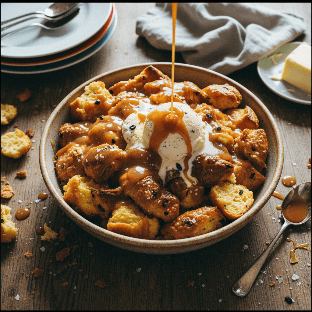 Vanilla Bean Croissant Bread Pudding with Buttered Caramel Rum Sauce