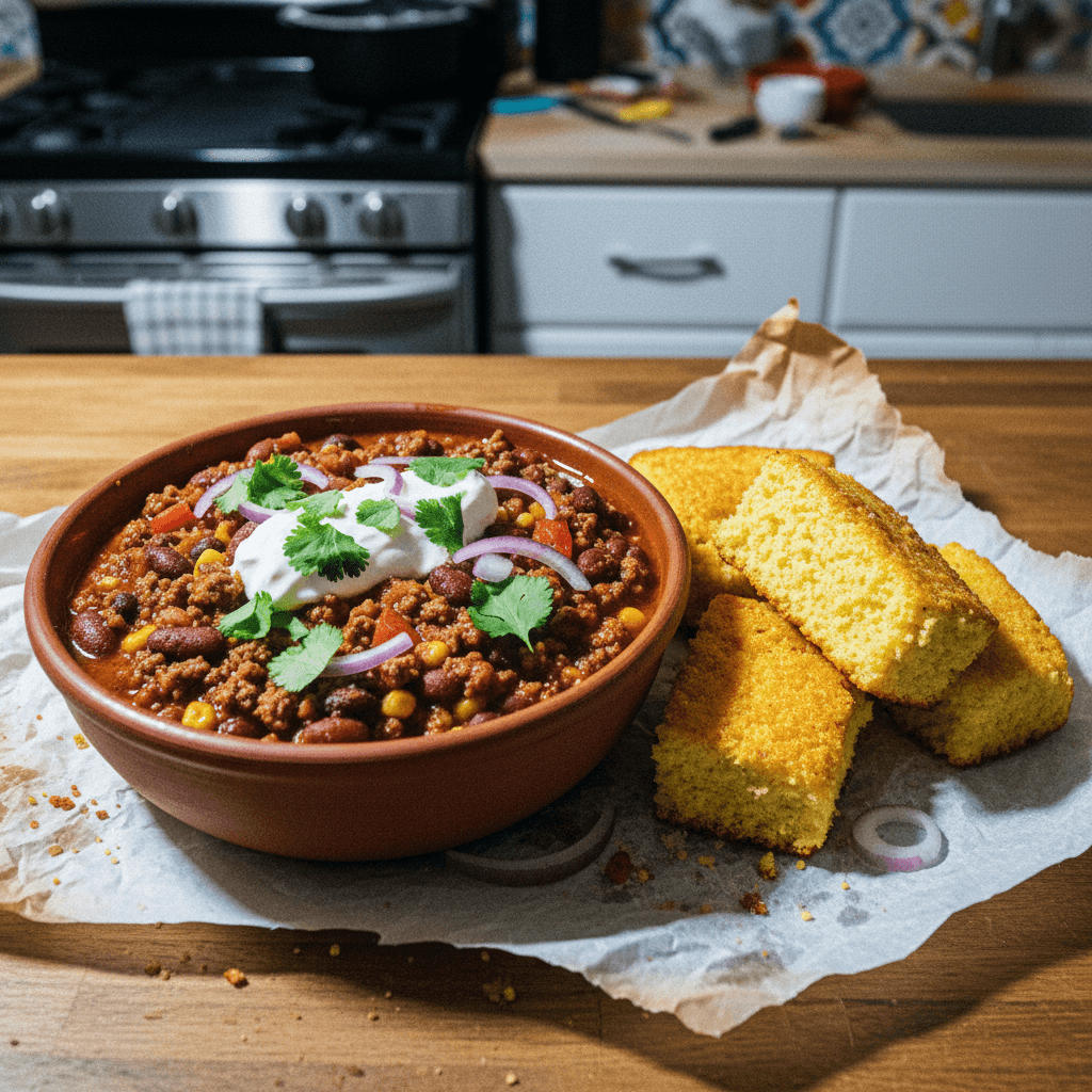 Hearty Beef and Bean Chili with Cornbread
