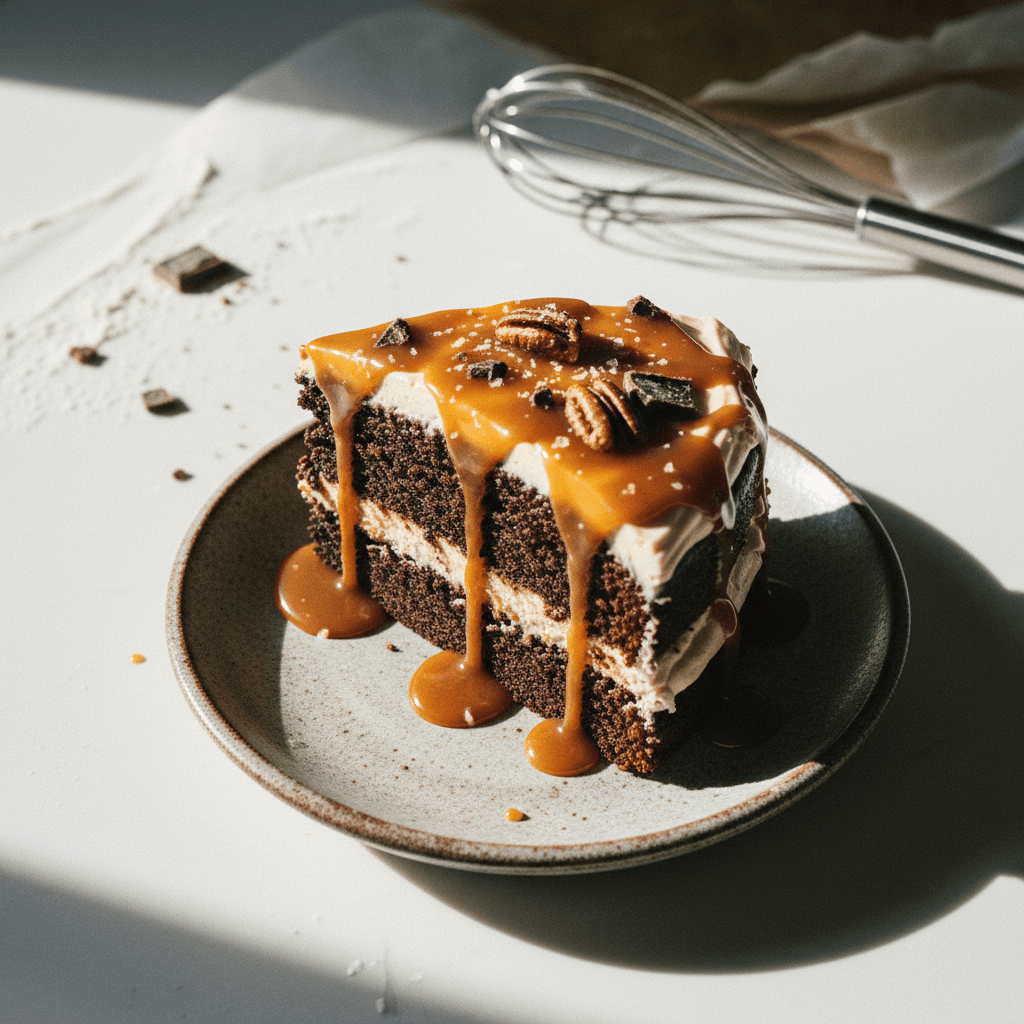 Moist Chocolate Cake with Caramel Cream and Caramel Sauce