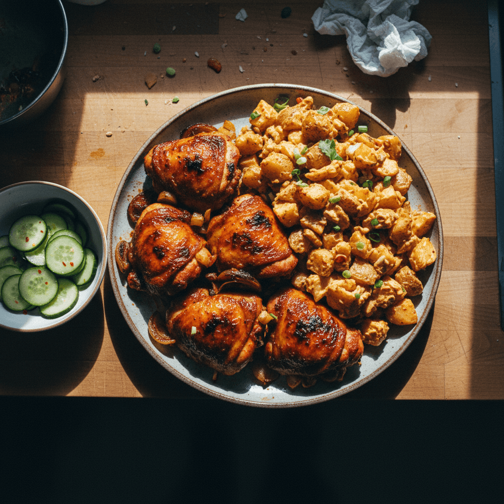 Gochujang Chicken Thighs with Pickled Cucumber and Gochujang Crispy Potato Salad