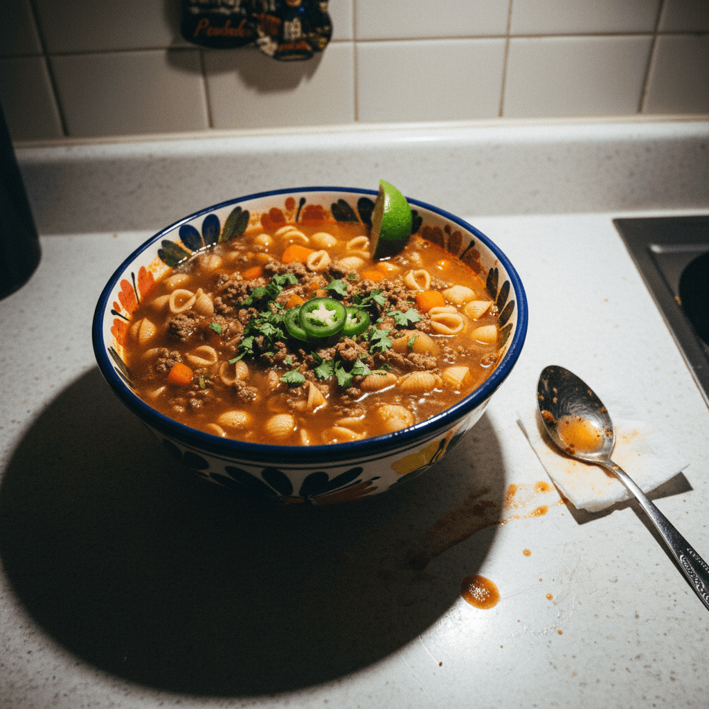 Sopa de Conchitas con Carne Molida