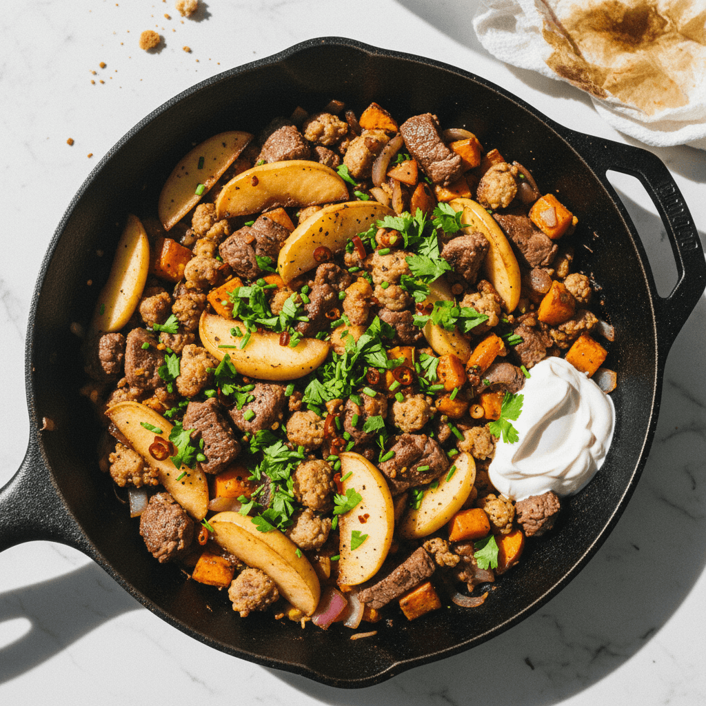 Apple Sausage Flat Iron Hash