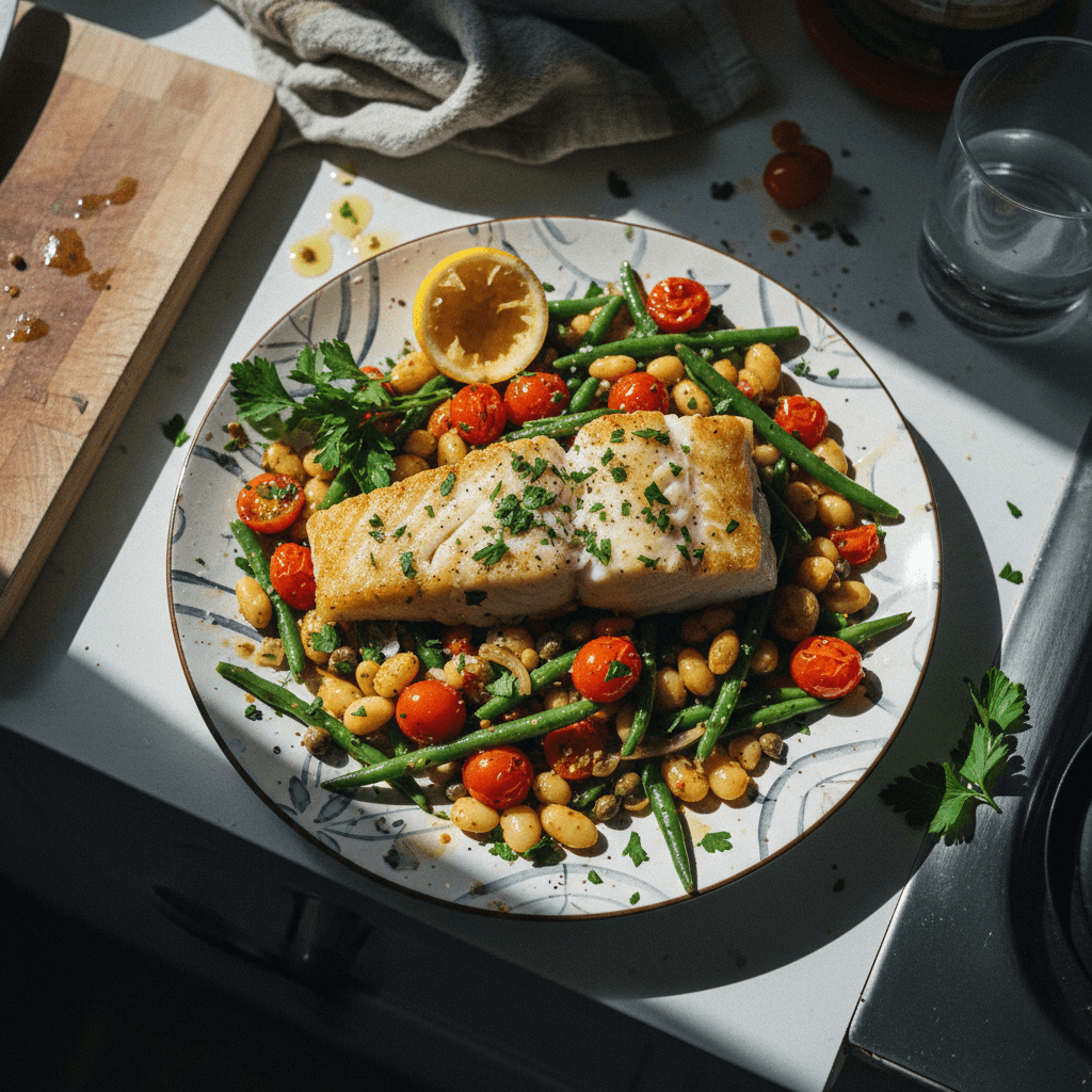 Crispy Butter Beans, Tomatoes, Green Beans & Cod with a Lemon Mustard Dressing