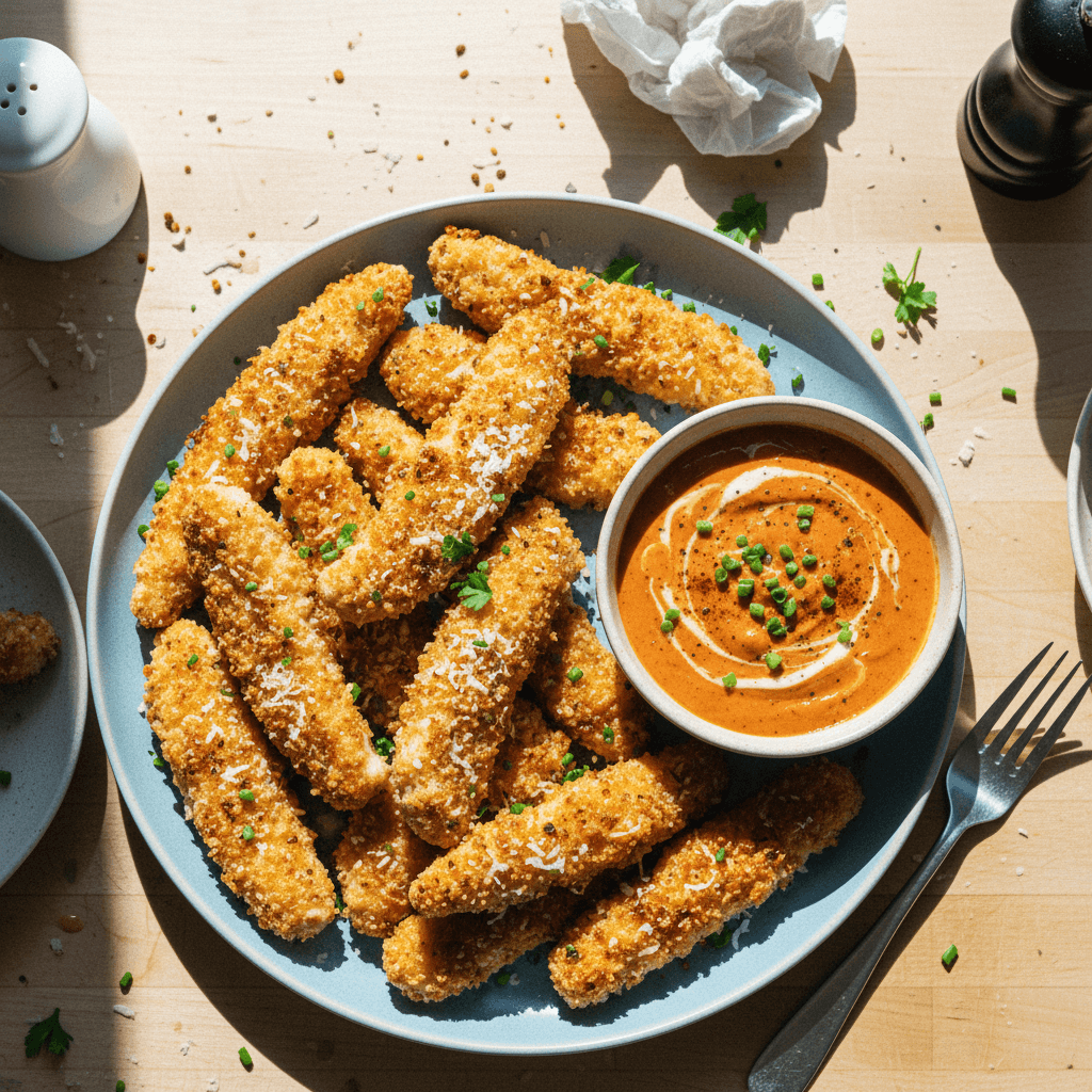 Crispy Garlic Parmesan Chicken Strips with Creamy Chili Sauce