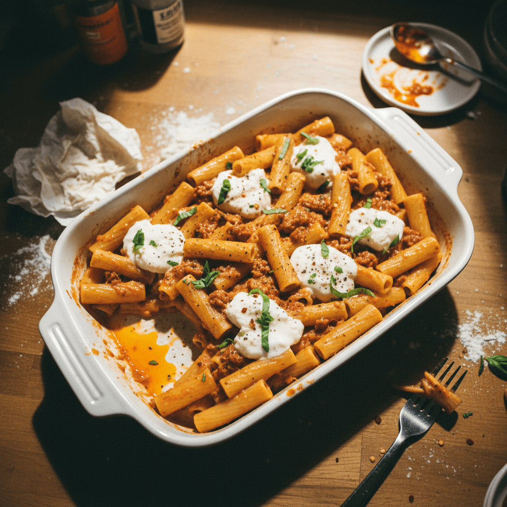 Baked Vodka Pasta with N’duja and Stracciatella