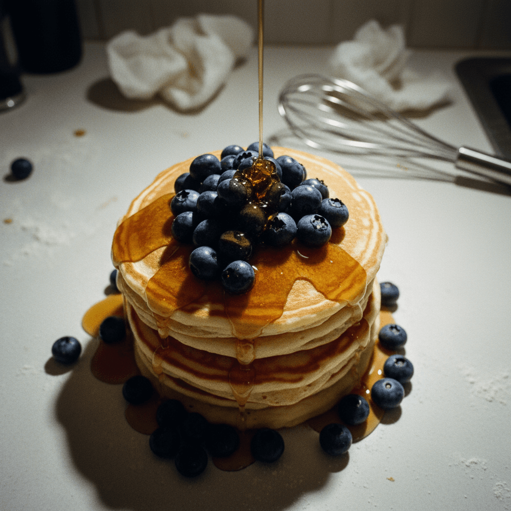 Fluffy Pancakes with Blueberries and Maple Syrup