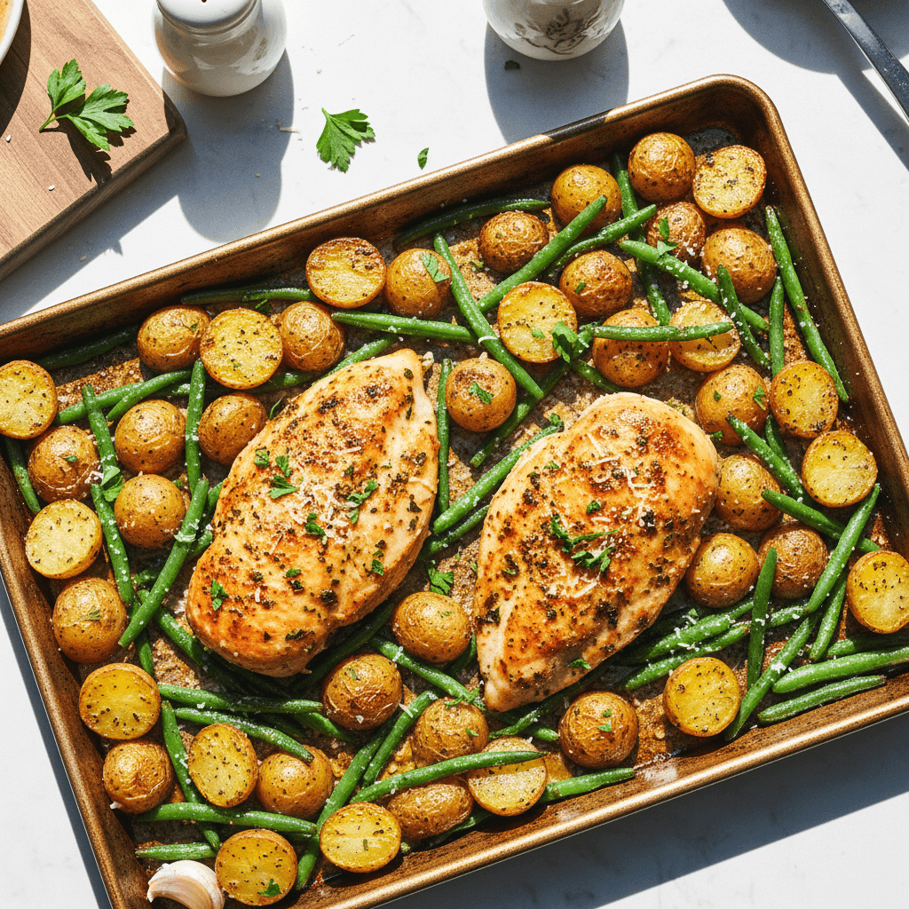 Garlic Herb Chicken with Crispy Potatoes & Green Beans