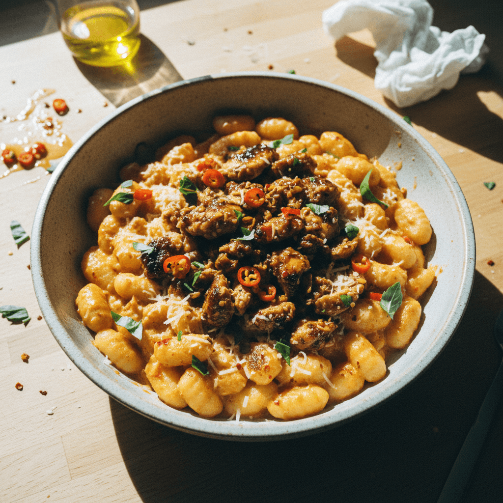 Creamy Spicy Vodka Gnocchi with Spicy Balsamic Chicken Crumbles