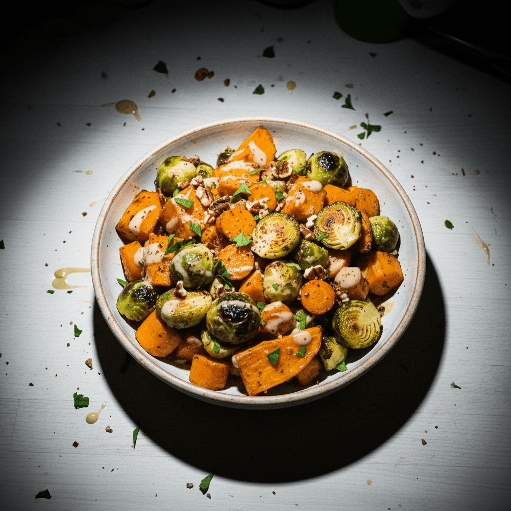 Maple-Tahini Sweet Potato, Carrot & Brussels Bowl