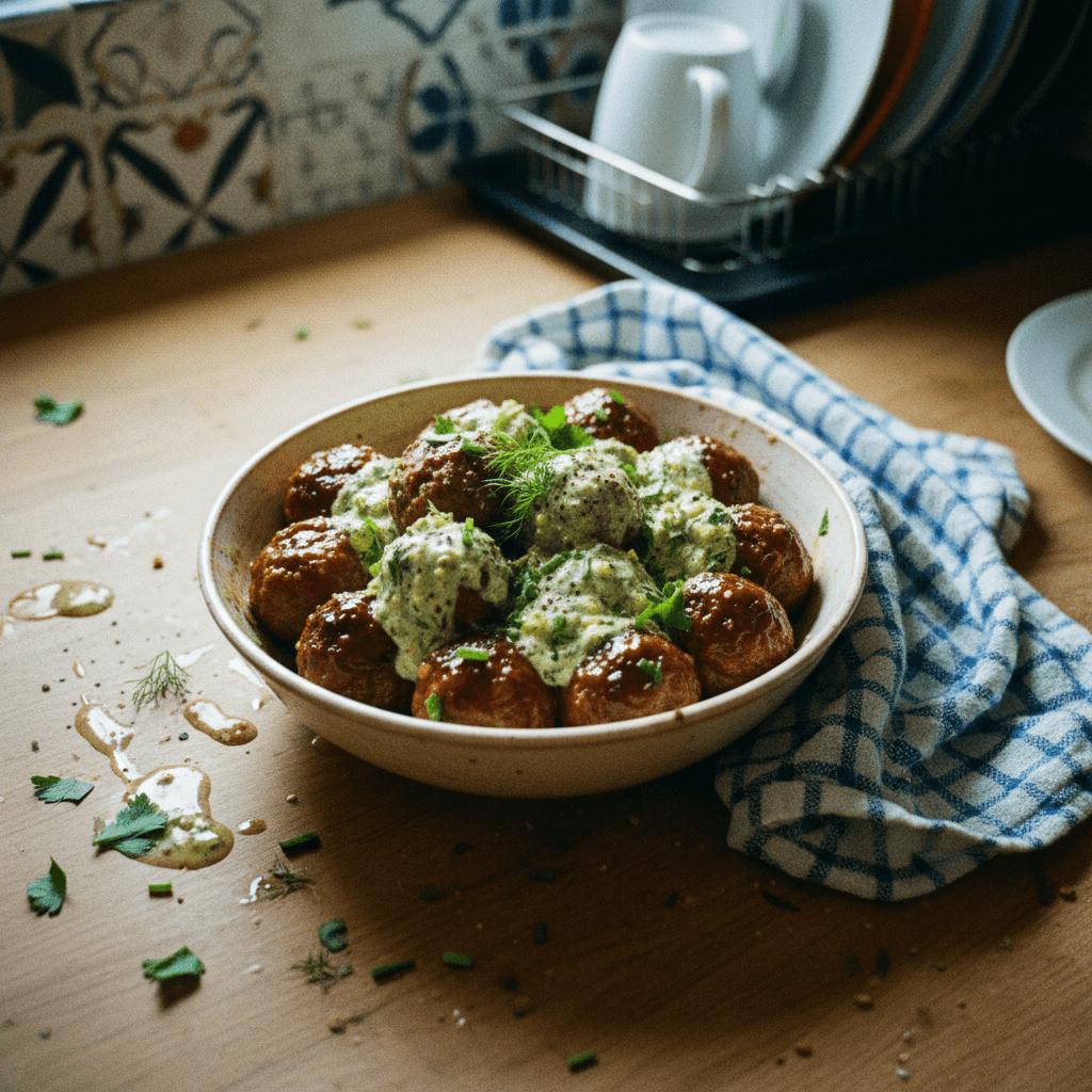 Glazed Meatballs with Creamy Herb Sauce