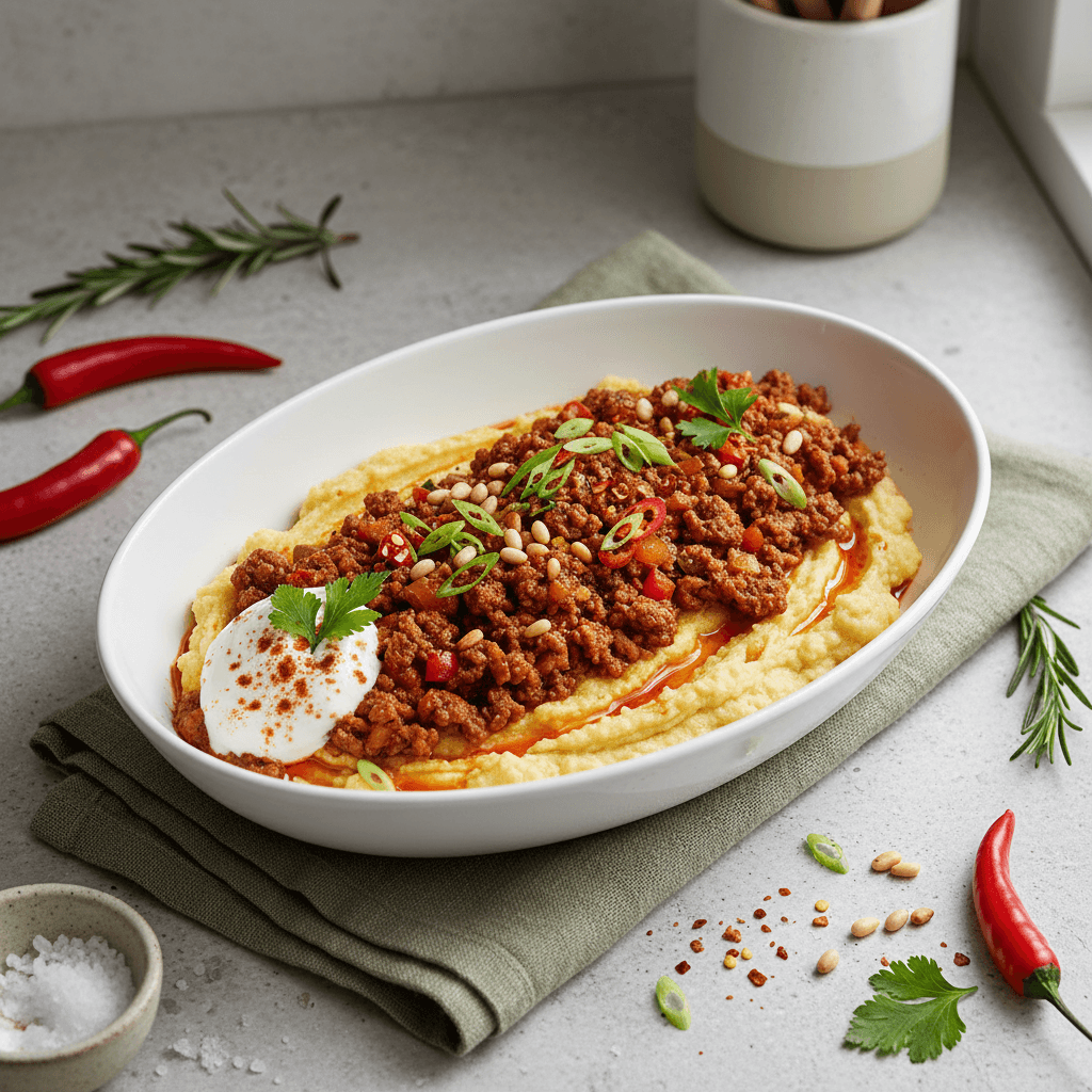 Spicy Ground Beef and Creamy Cauliflower Mash