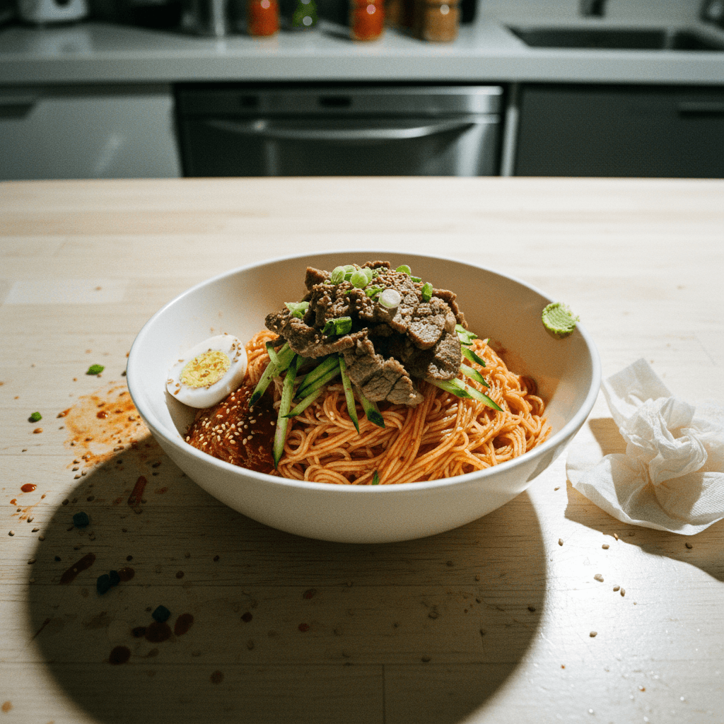 Bibim Guksu with Beef Brisket (Gochujang Cold Noodles)