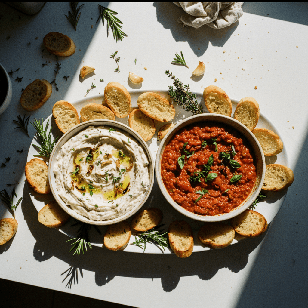 Roasted Garlic & Onion Creamy Dip and Roasted Garlic & Tomato Bruschetta Dip