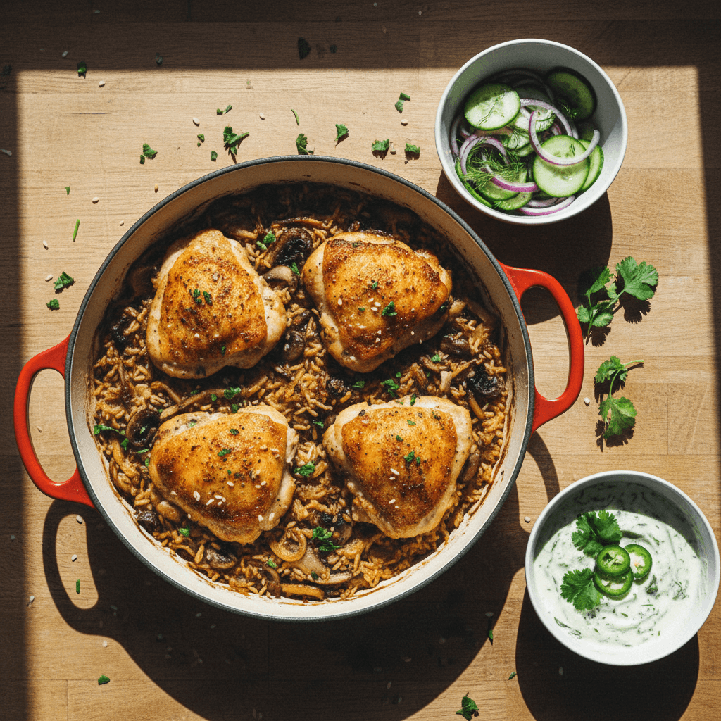 Crispy Chicken with Baked Mushroom Rice