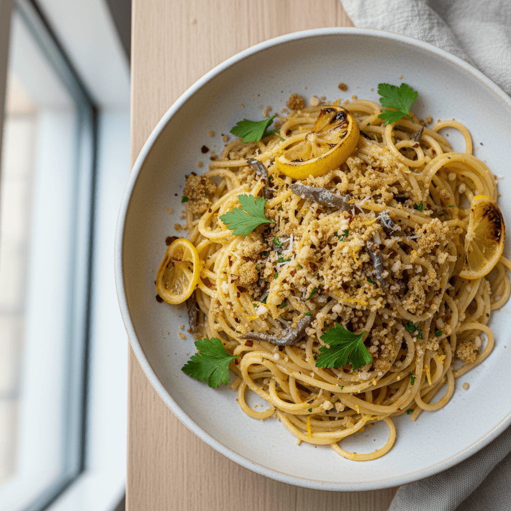 Spicy Lemon Pasta with Anchovy Breadcrumbs