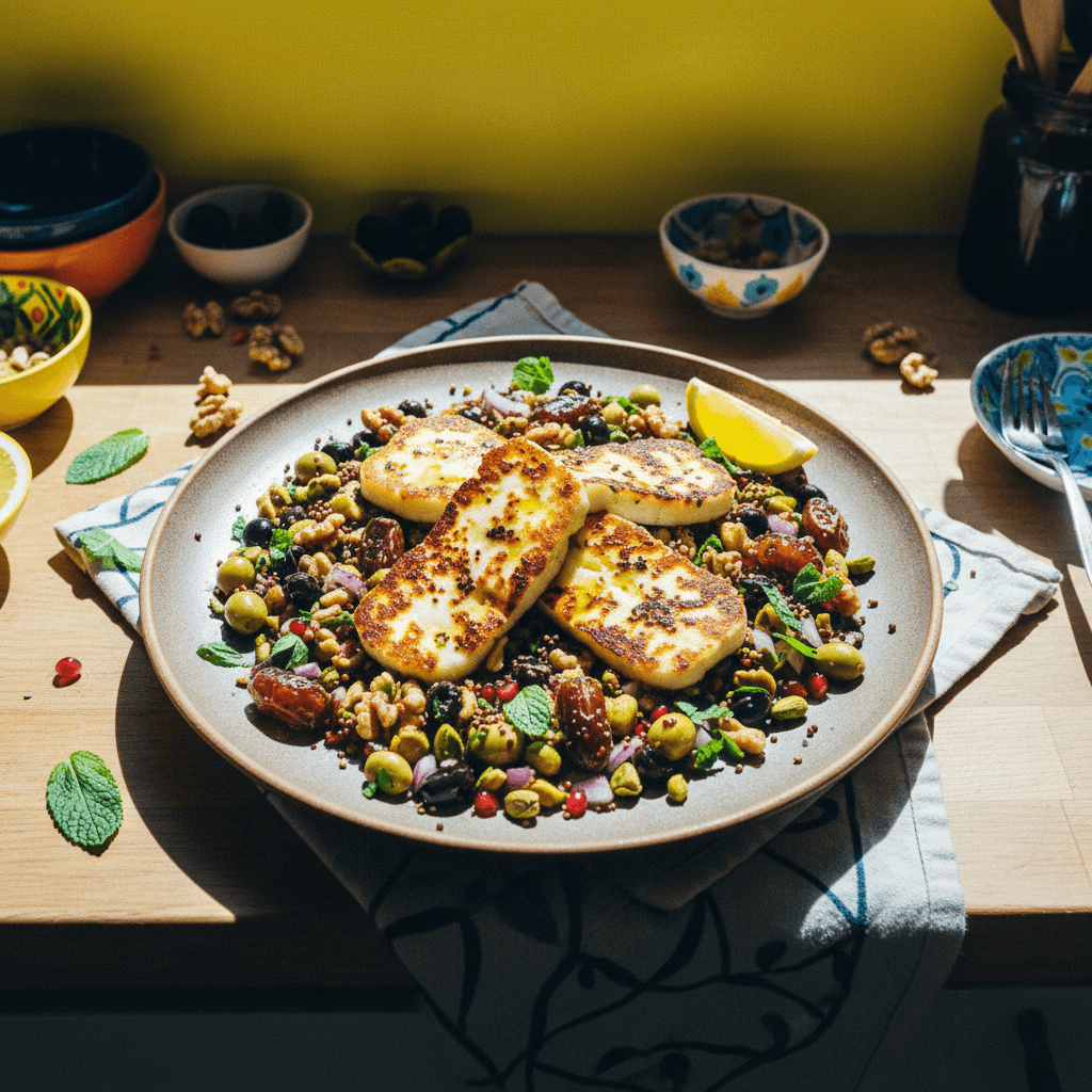 Halloumi on a Bed of Spiced Olives, Nuts & Dates