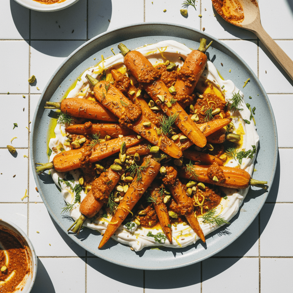 Roasted Carrots with Harissa Pistachios and Herbed Yogurt