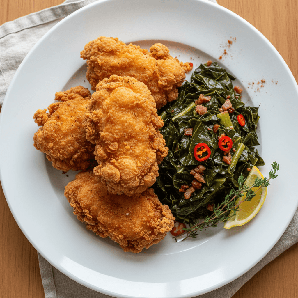 Crispy Fried Chicken with Southern Collard Greens