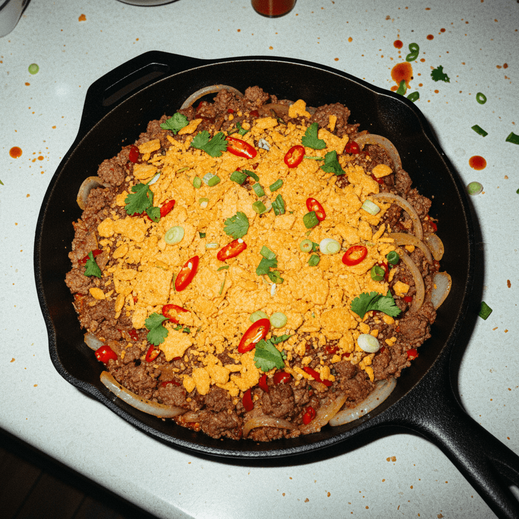 Spicy Venison and Onion Skillet with Cheesy Cracker Topping