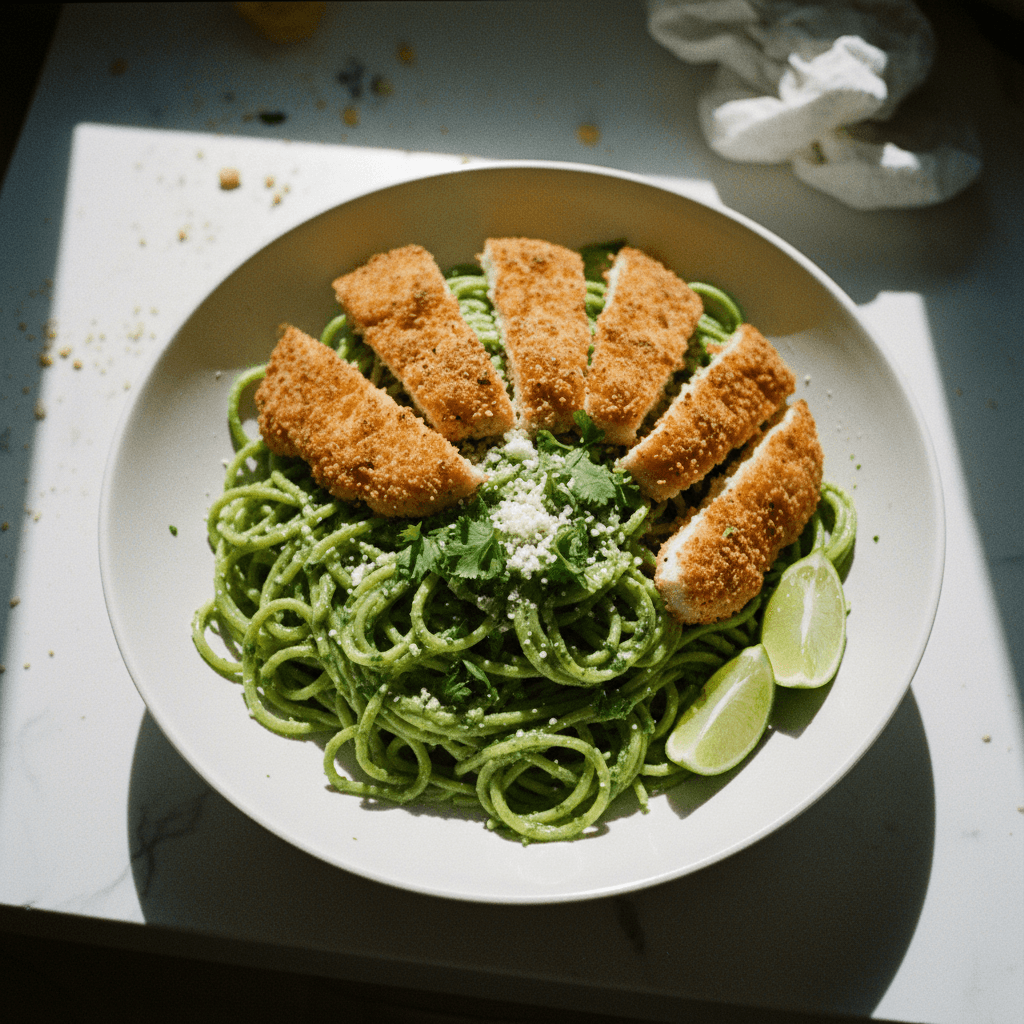 Spaghetti Verde con Pollo Empanizado (Green Spaghetti with Breaded Chicken)