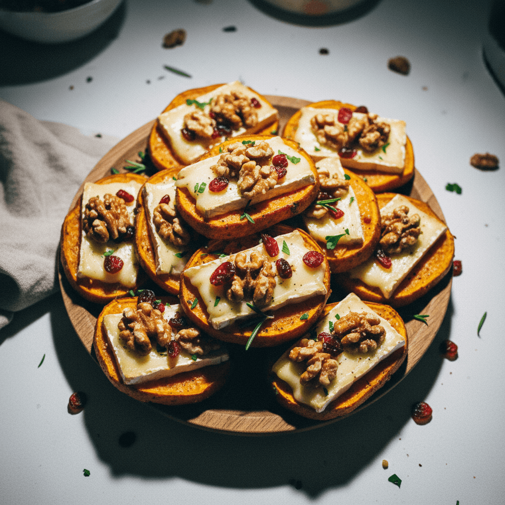 Crispy Sweet Potato Toasts with Melted Brie, Cranberries & Honey Garlic Walnuts