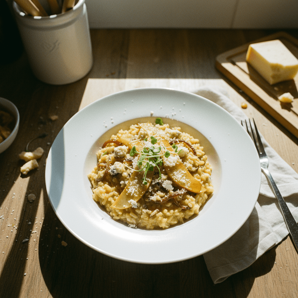Risotto de Cebolla Caramelizada, Gorgonzola y Pera