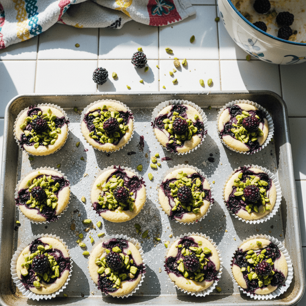 Mini Blackberry Pistachio Cheesecakes