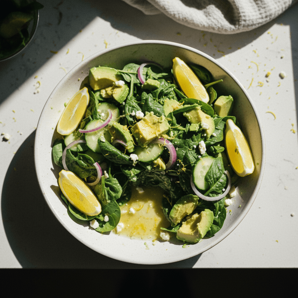 Avocado Spinach Salad with Lemon Dressing