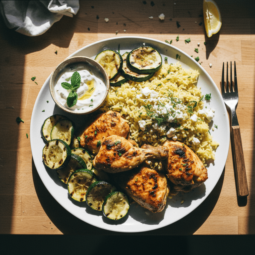 Greek Chicken and Rice with Zucchini and Homemade Tzatziki