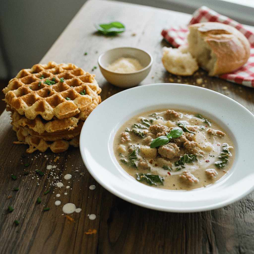 Zuppa Toscana with Crispy Cheddar Waffles