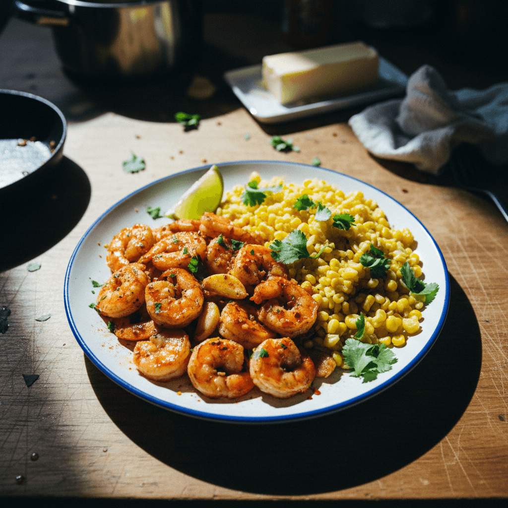 Camarones al Ajillo with Buttery Corn Rice