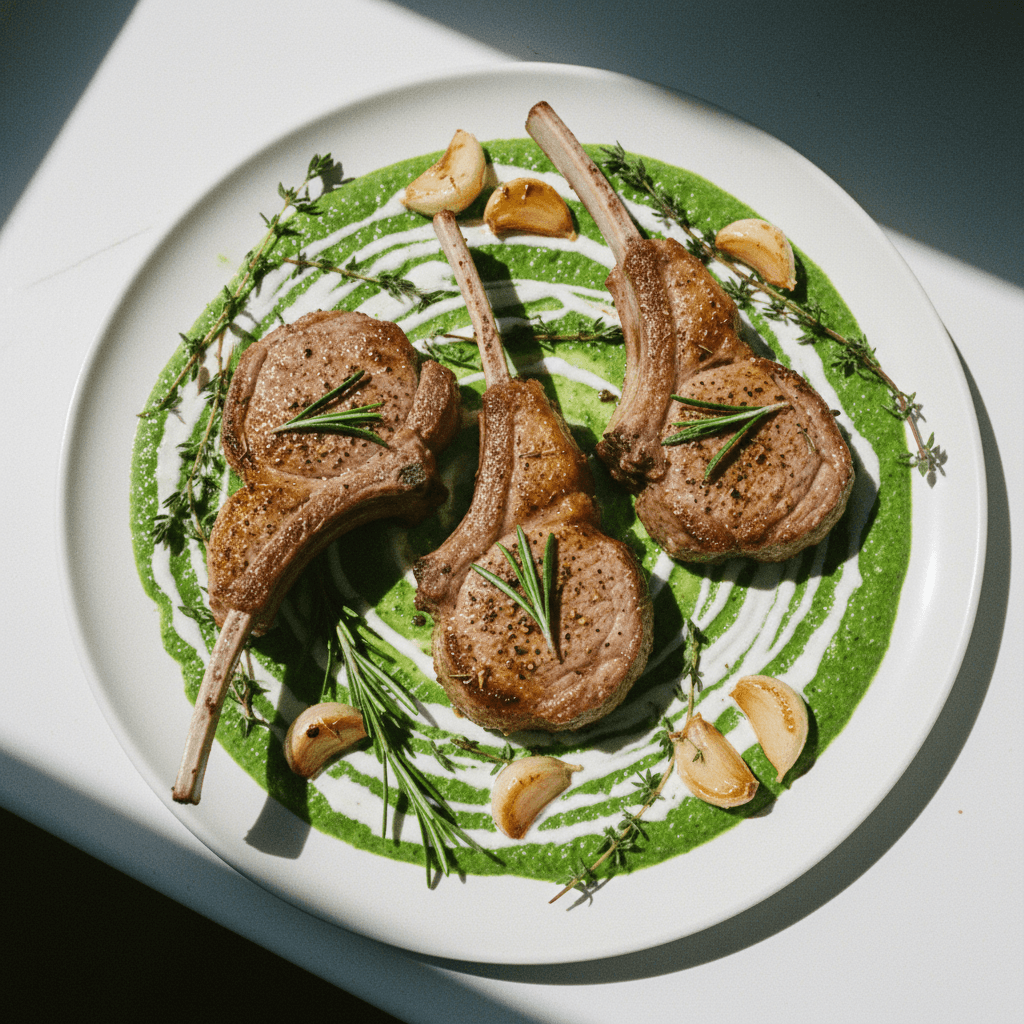 Pan-Seared Lamb Chops with Green Herb Sauce and Roasted Garlic