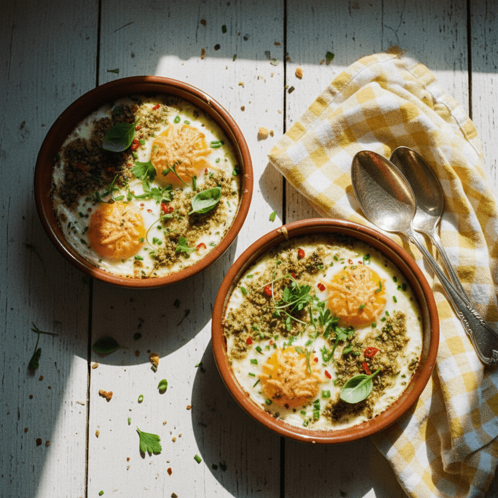 Herb Crusted Baked Eggs with Gruyère