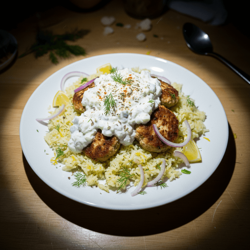 Chicken Kofta with Tzatziki & Lemon Dill Rice