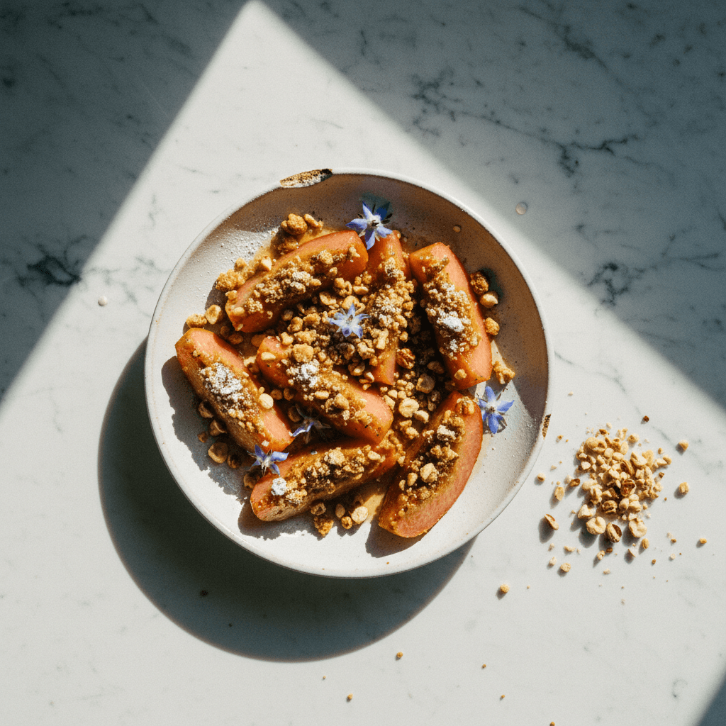 Roasted Quince with Hazelnut Crumble