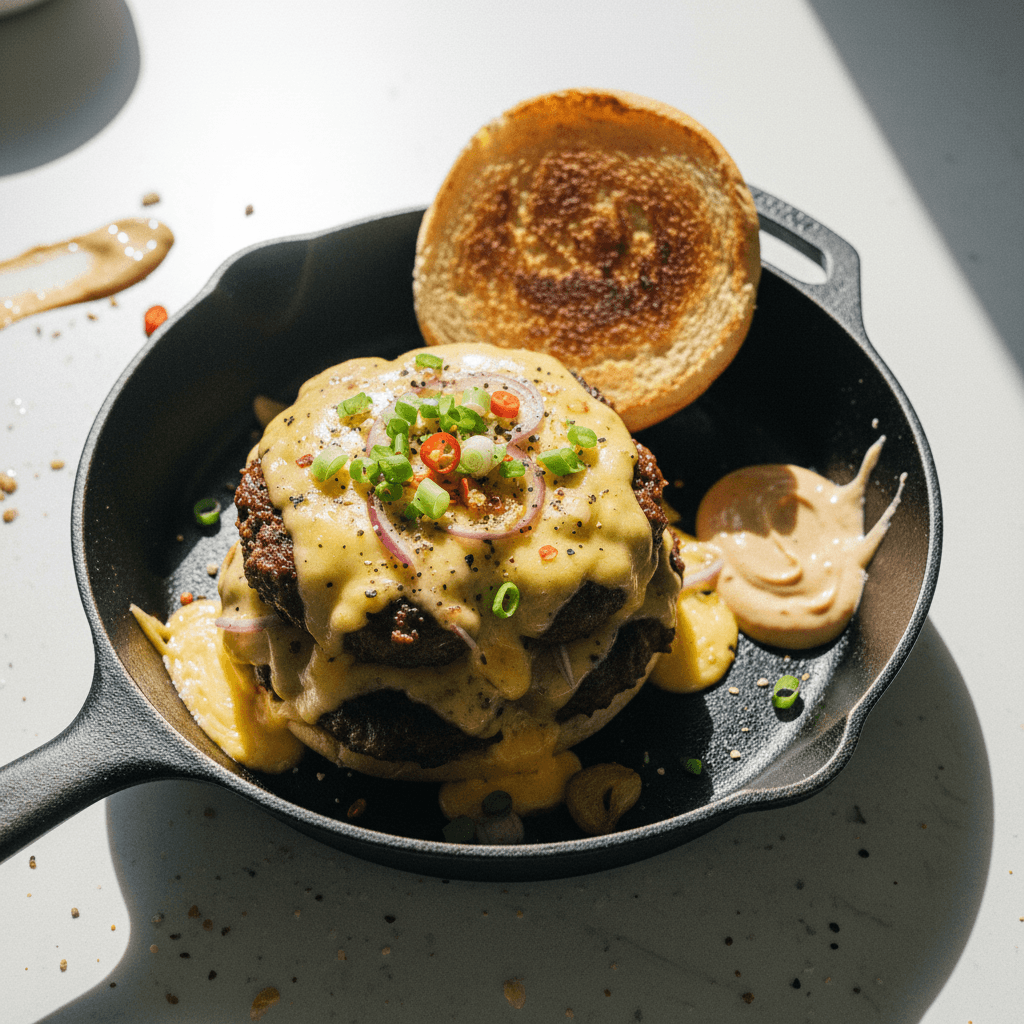 Mature Cheddar Double Cheese Burger Skillet with Padstal Deli Beef Groot Seun Patties