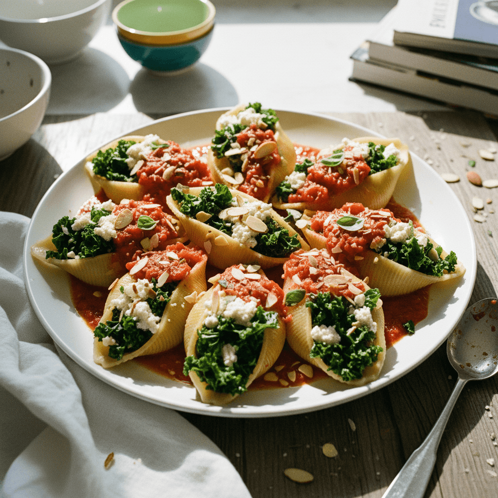 Conchiglioni filled with Kale, Ricotta, and Almonds, with Tomato Sauce