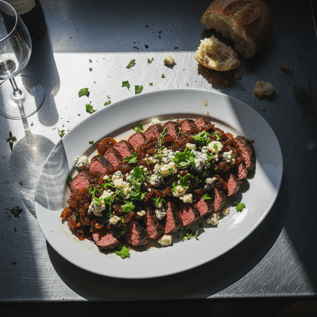 Seared Steak with Blue Cheese & Caramelized Onion Relish