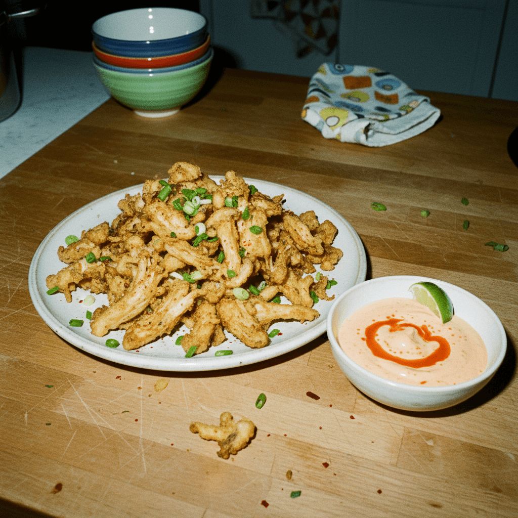 Crispy Fried Enoki Mushrooms with Spicy Mayo
