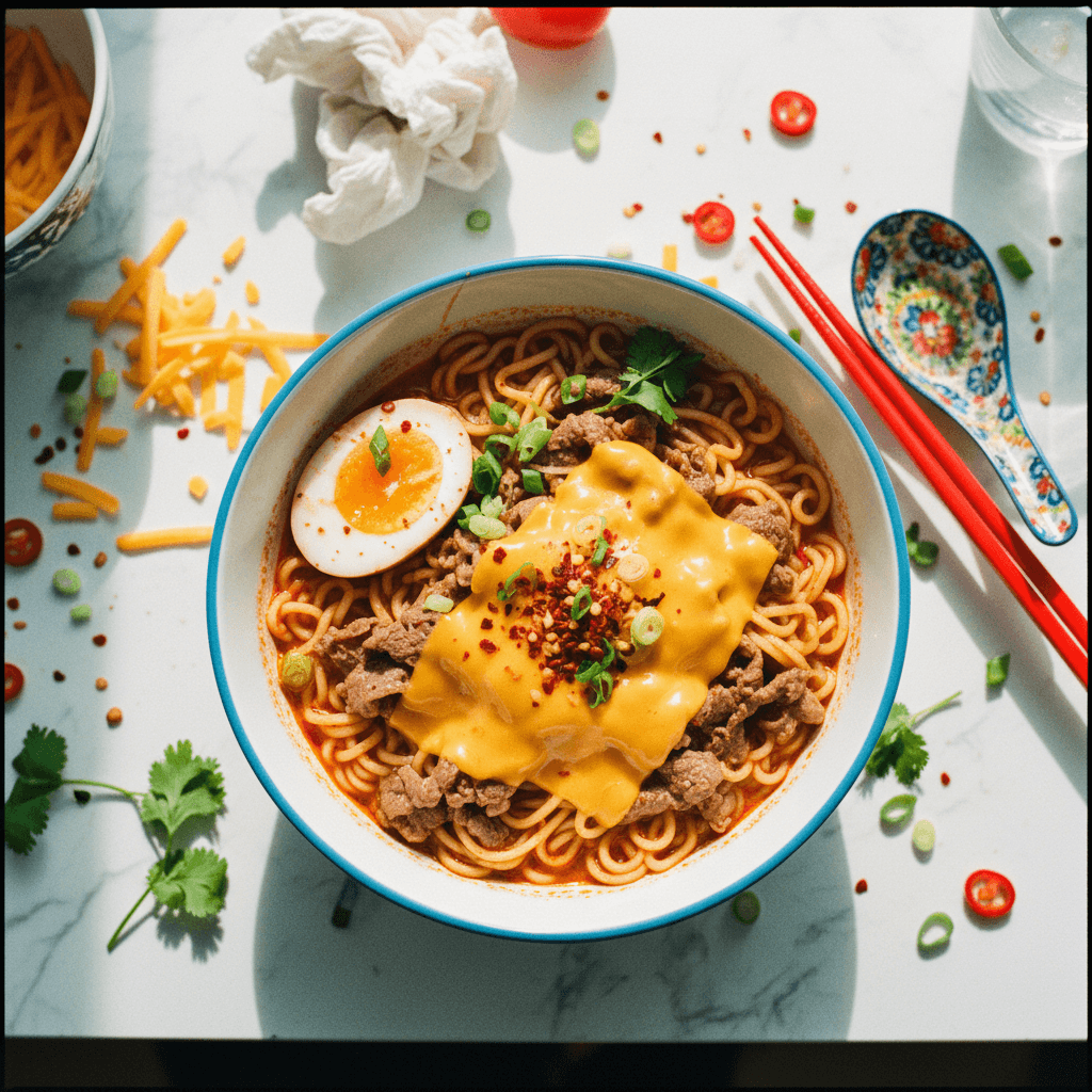 Spicy Beef Ramen with Melted Cheddar