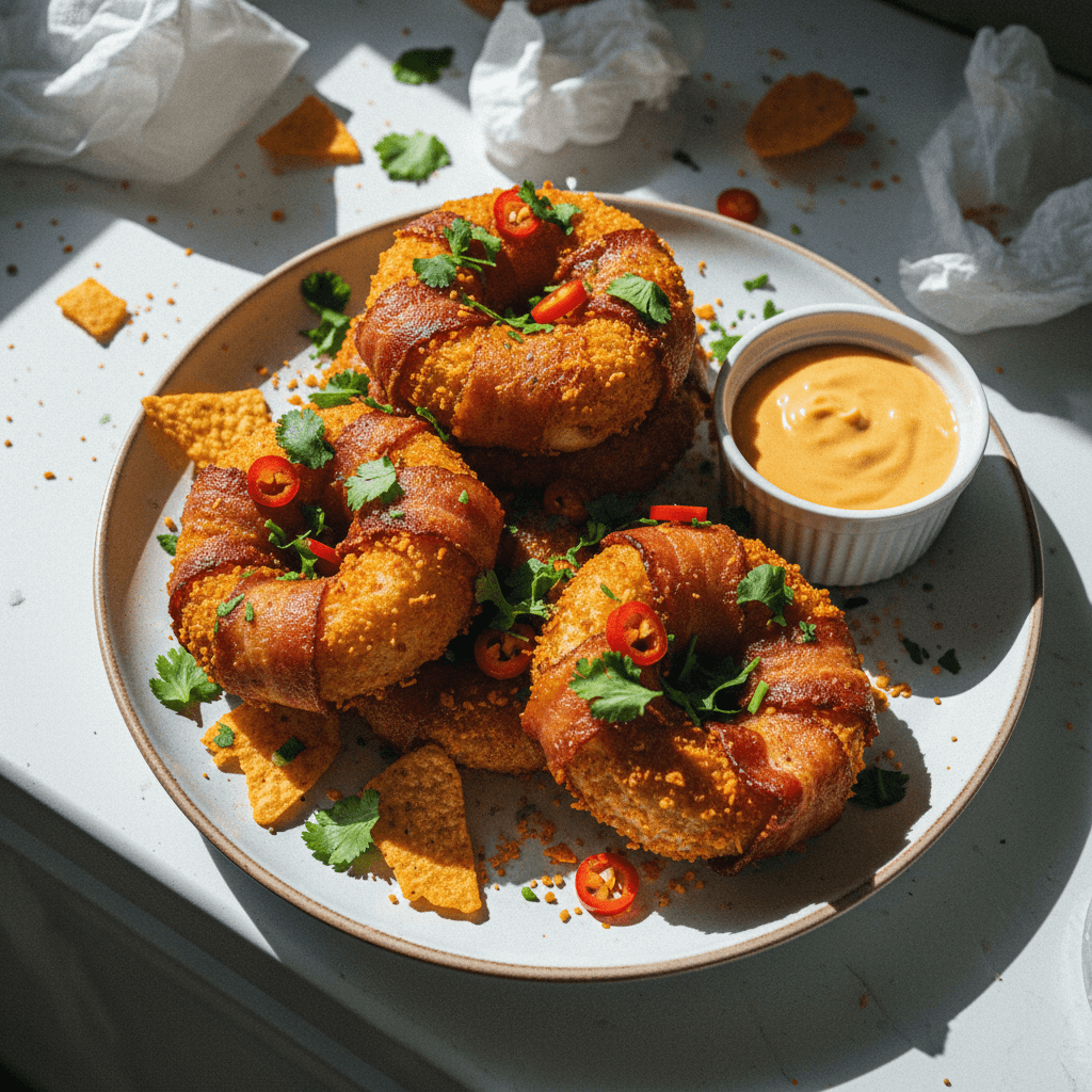 Bacon-Wrapped Cheesy Onion Ring Donuts with Nacho Chip Crust