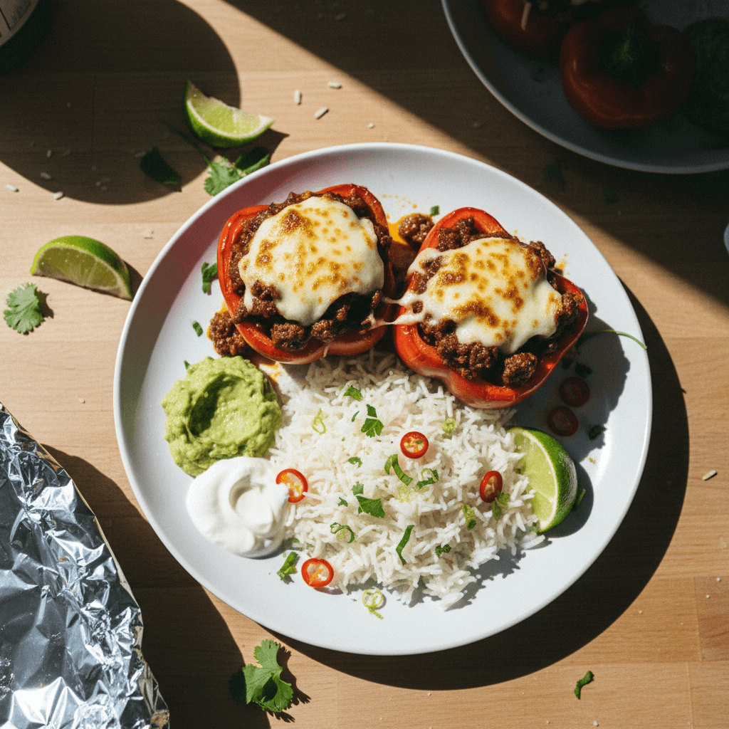 Chipotle Beef Stuffed Peppers + Herby Rice