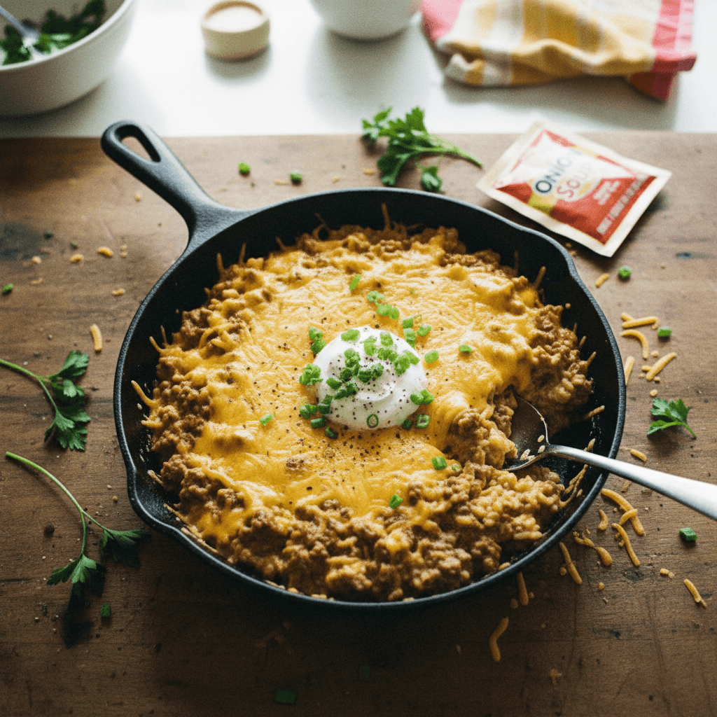 One-Pot Cheesy Beef and Rice Skillet