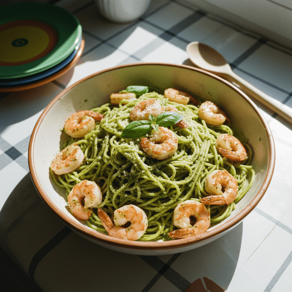 Nonna’s Pesto Pasta With Shrimp!