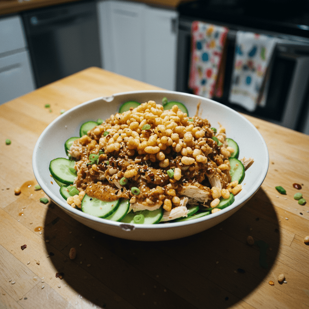 Crispy Rice Chicken Cucumber Salad with a Chili Peanut Butter Crunch Dressing