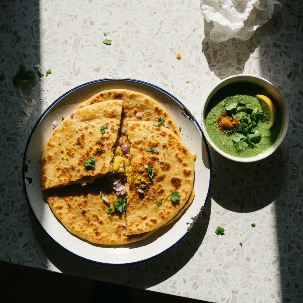 Samosa Parathas (Aloo Paratha) with Cilantro Yogurt Chutney