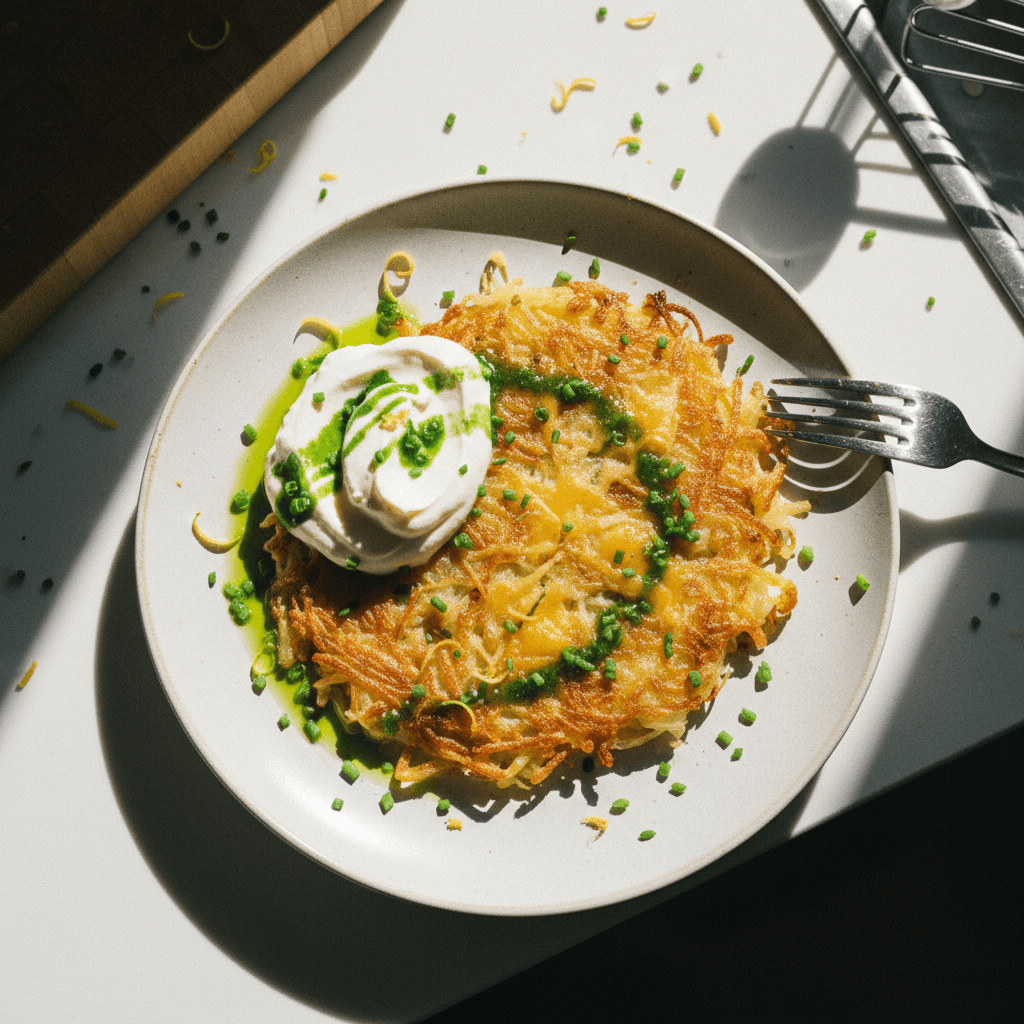 Cheddar and Potato Rosti with Lemon Crème Fraîche and Chive Oil