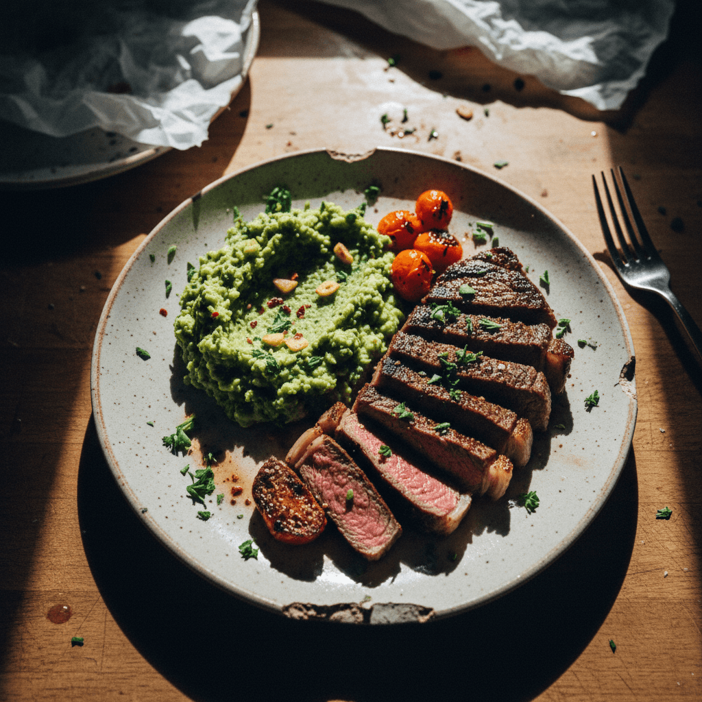 Pan-Seared Ribeye with Garlicky Broccoli Mash